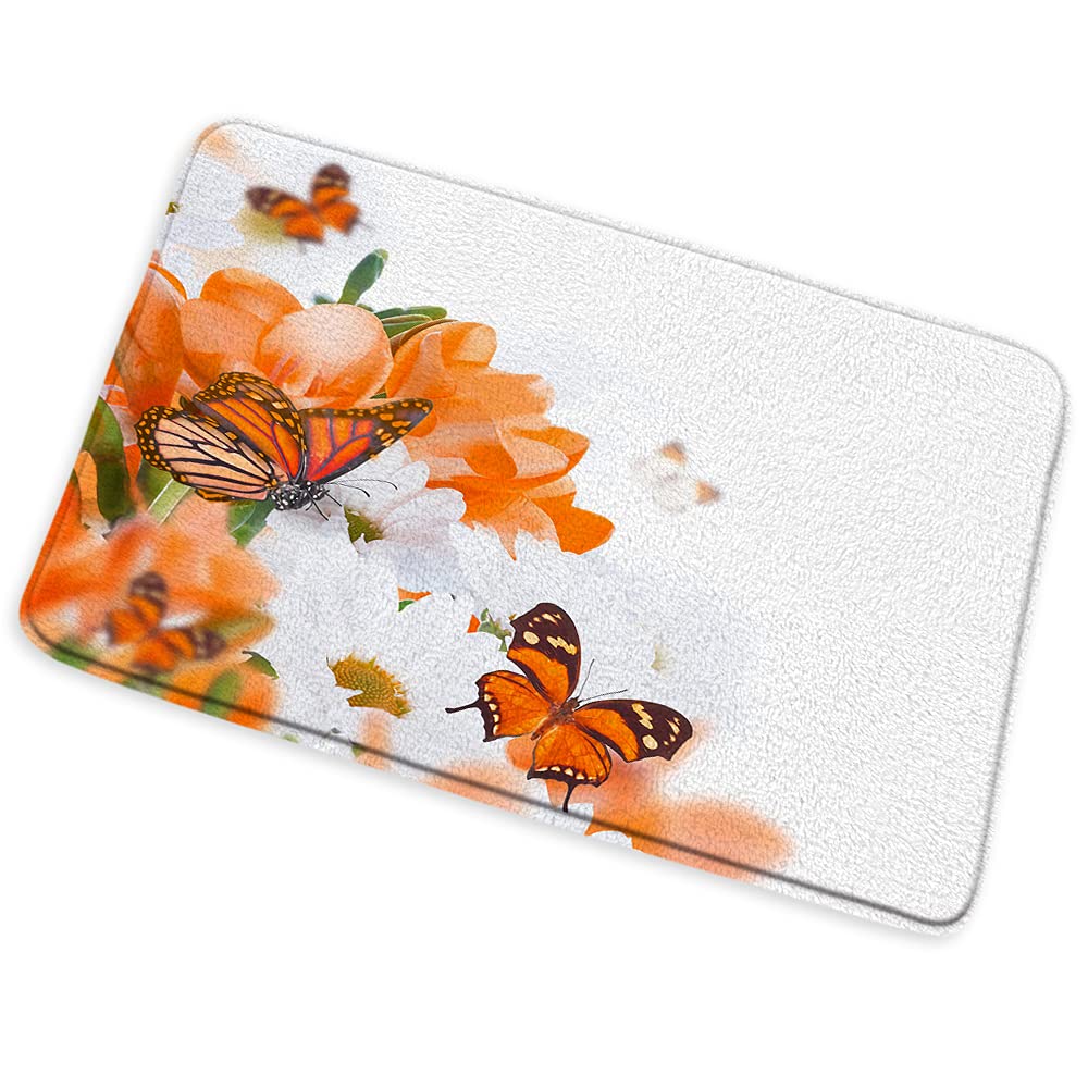 Non-Slip Floral Butterfly Bathroom Rug - Soft Flannel Orange & White Bath Mat (17.71