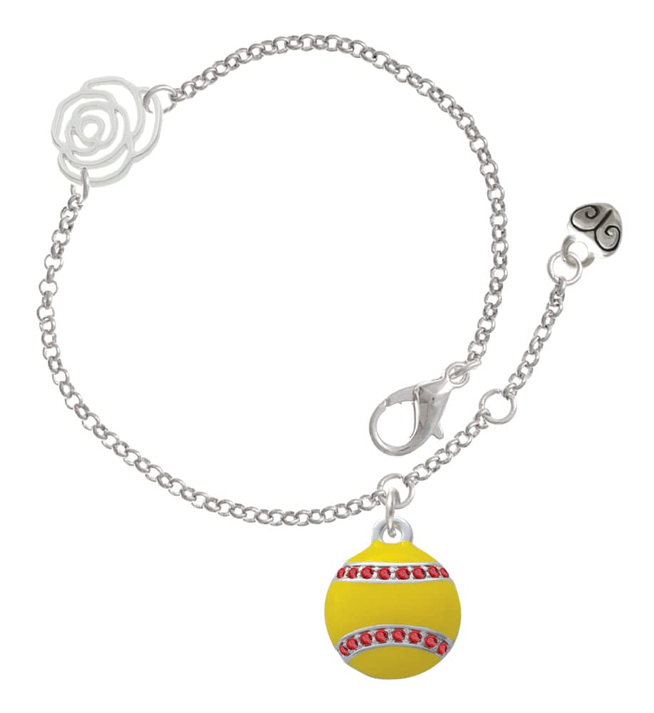 Delight Jewelry Silvertone Optic Yellow Softball Bracelet with Red Crystal Stitching - Adjustable Rose Link Charm Bracelet (6.25