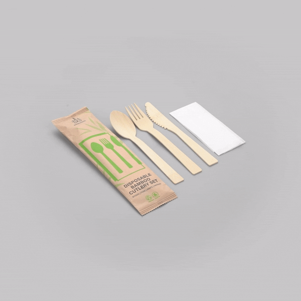 Eco-Friendly Bamboo Disposable Cutlery Set with White Napkins & Kraft Paper Pouch - 100 Count (7-Piece Set) | Perfect for Picnics, Parties & Sustainable Dining