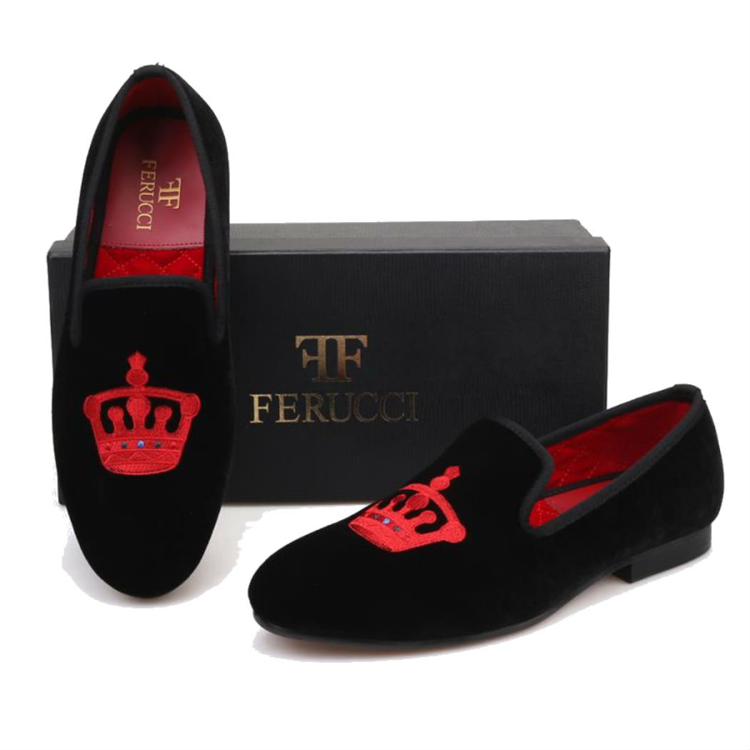 FERUCCI Handmade Men's Black Velvet Loafers with Red Crown Emblem - Luxurious Velvet House Slippers for Indoor Comfort & Casual Wear - Perfect Gift for Christmas, Birthday & Special Occasions