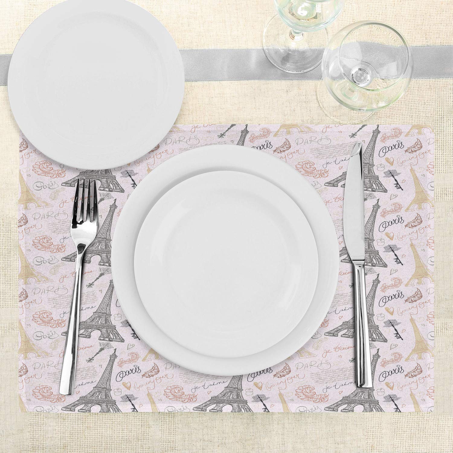 Ambesonne Paris Themed Place Mats Set of 4 - Eiffel Tower Sketch with Hand Lettering, Washable Fabric Placemats for Dining Table & Kitchen Decor | Perfect for French-Themed Dinners, Romantic Date Nights & Parisian Home Decor