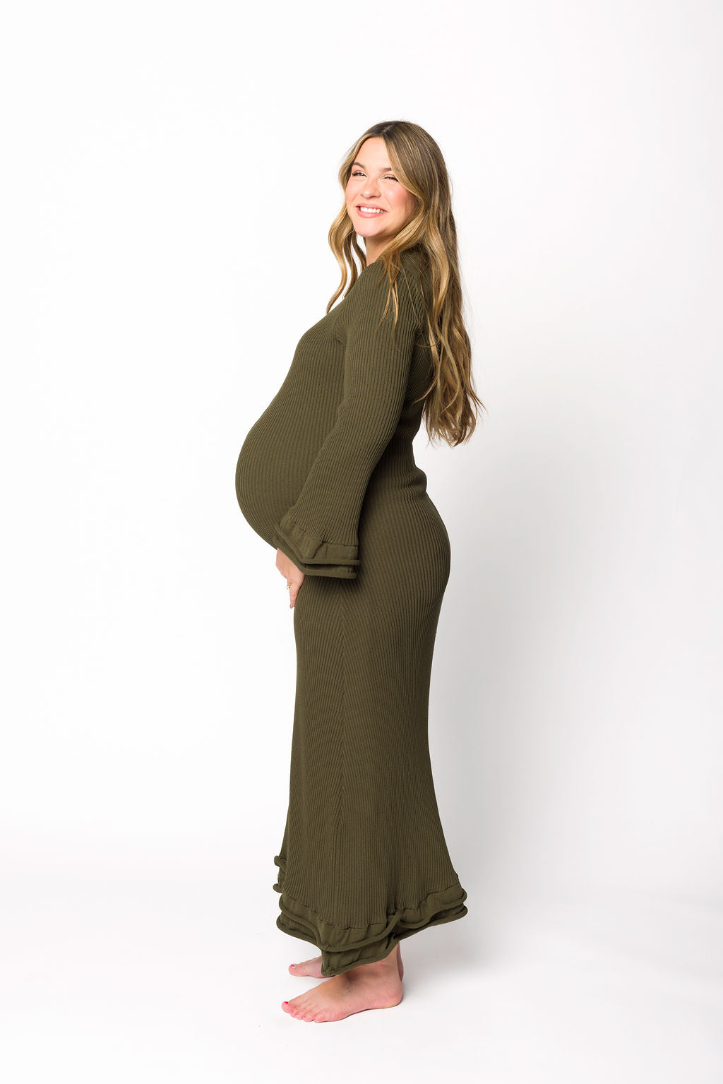 Arlet Olive Green Maternity Dress - Bump Friendly, Comfortable & Stylish for Pregnancy, Nursing, and Special Occasions