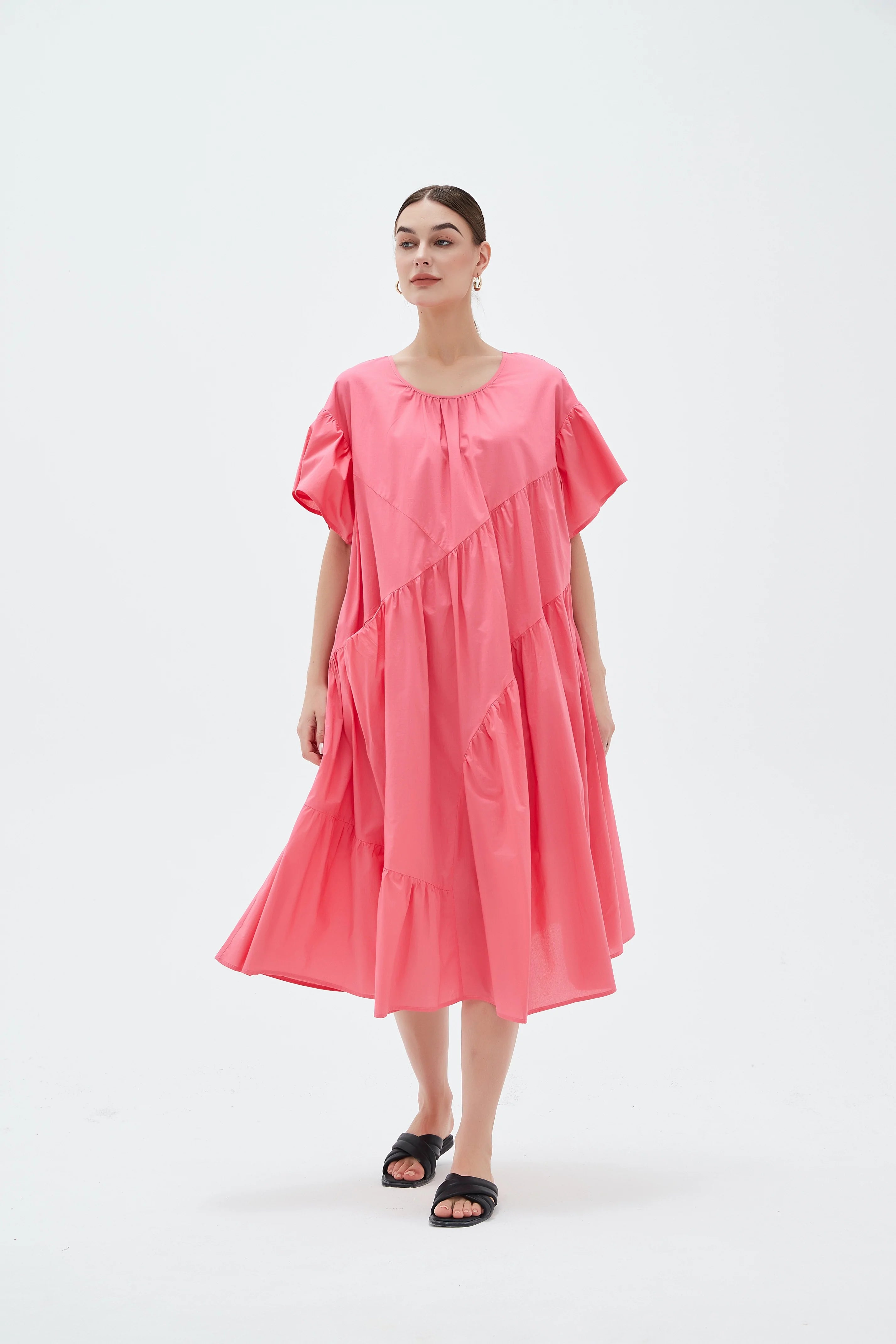 Angle Tier Dress in Candy Pink - Elegant Flowy Midi Dress for Women | Perfect for Parties, Weddings & Special Occasions