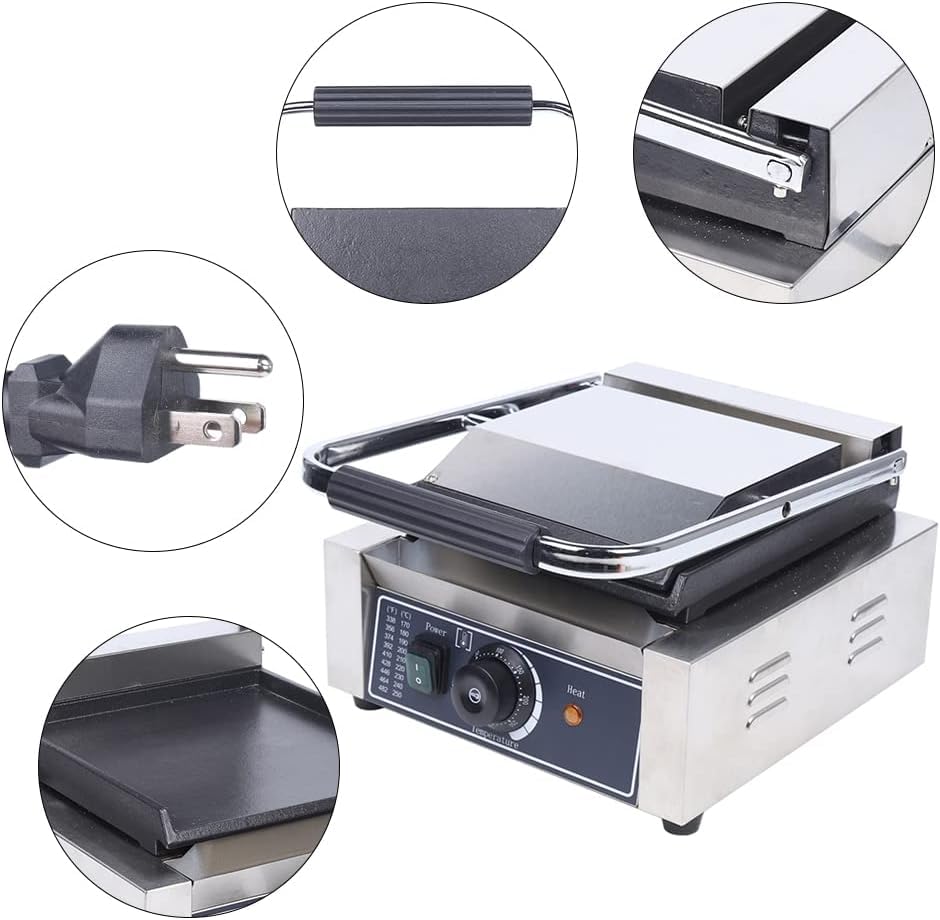Commercial Electric Griddle 110V - 1800W Single Panini Press Grill & Sandwich Toaster with Smooth Flat Surface, Includes Cleaning Sponges - Perfect for Restaurants, Cafes, Food Trucks & Home Kitchens - Make Hamburgers, Paninis, Grilled Cheese & More