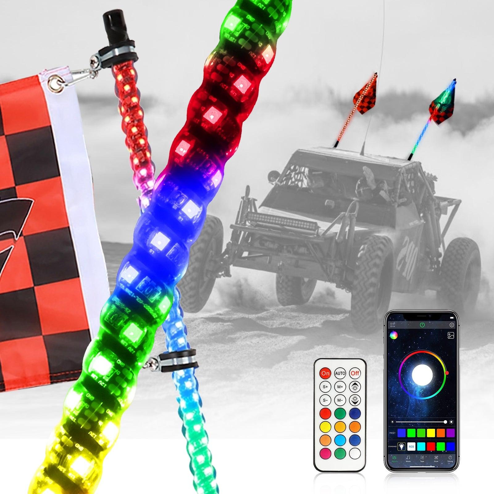 (2-Pack) 3FT/4FT LED RGB Whip Lights with Turn Signal & Brake Light - Bluetooth APP & Remote Control for ATV, UTV, Jeep, Off-Road Vehicles - Perfect for Night Rides, Camping & Outdoor Adventures
