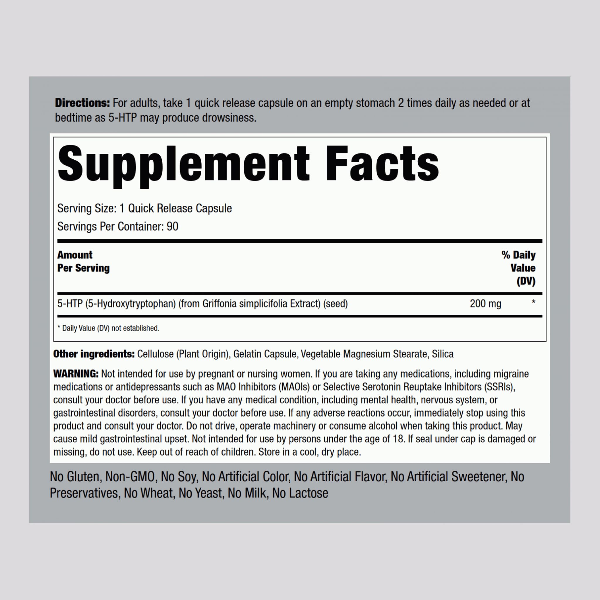 Piping Rock 5-HTP 200mg Supplement - 90 Capsules | 5-Hydroxytryptophan & Griffonia Simplicifolia Extract | Non-GMO, Gluten Free | Supports Mood, Sleep & Stress Relief for Daily Wellness
