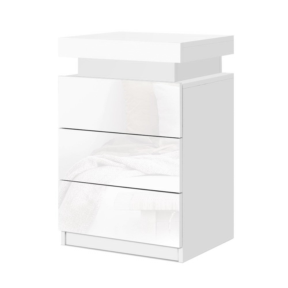 Modern White High Gloss Bedside Table with 3 Drawers & RGB LED Lighting - Perfect for Bedroom, Living Room, or Dorm Nightstand