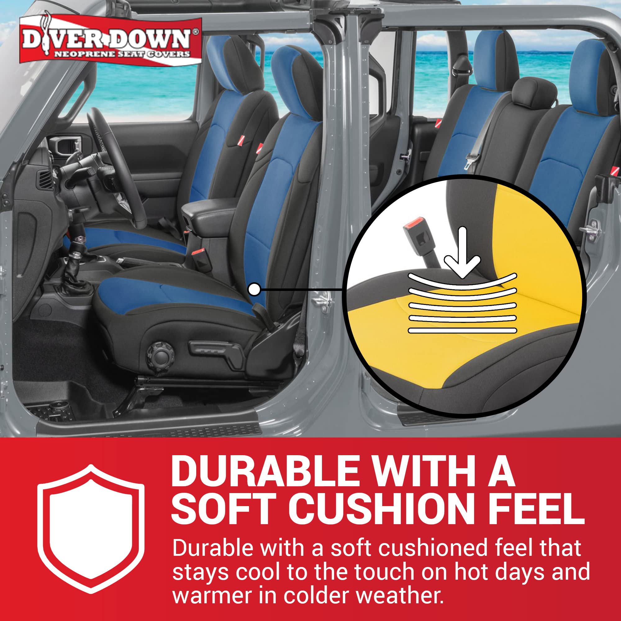 Diver Down Neoprene Seat Cover Set for Jeep Gladiator JT 2020-2022 - Waterproof Custom Fit Front & Back Seat Covers - Soft Padded Cushion with Thermal Resistance (Tan, Cloth Seats) - Perfect for Off-Roading, Camping & Outdoor Adventures
