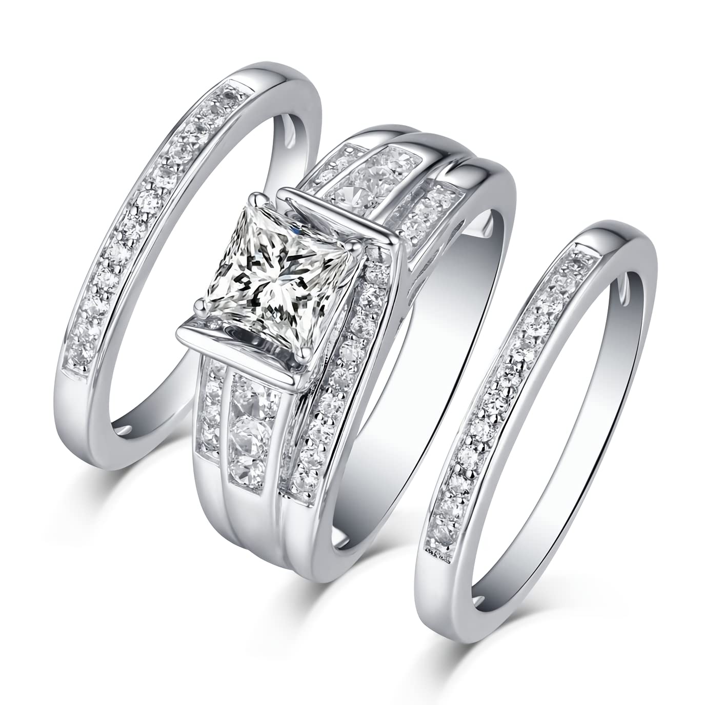 3-Piece Wedding Ring Set - 1 ct Princess Cut Moissanite Engagement & Bridal Ring Set in Platinum Plated Silver - Perfect for Proposals, Anniversaries & Promise Rings (Bridal Jewelry, Wedding Gift)