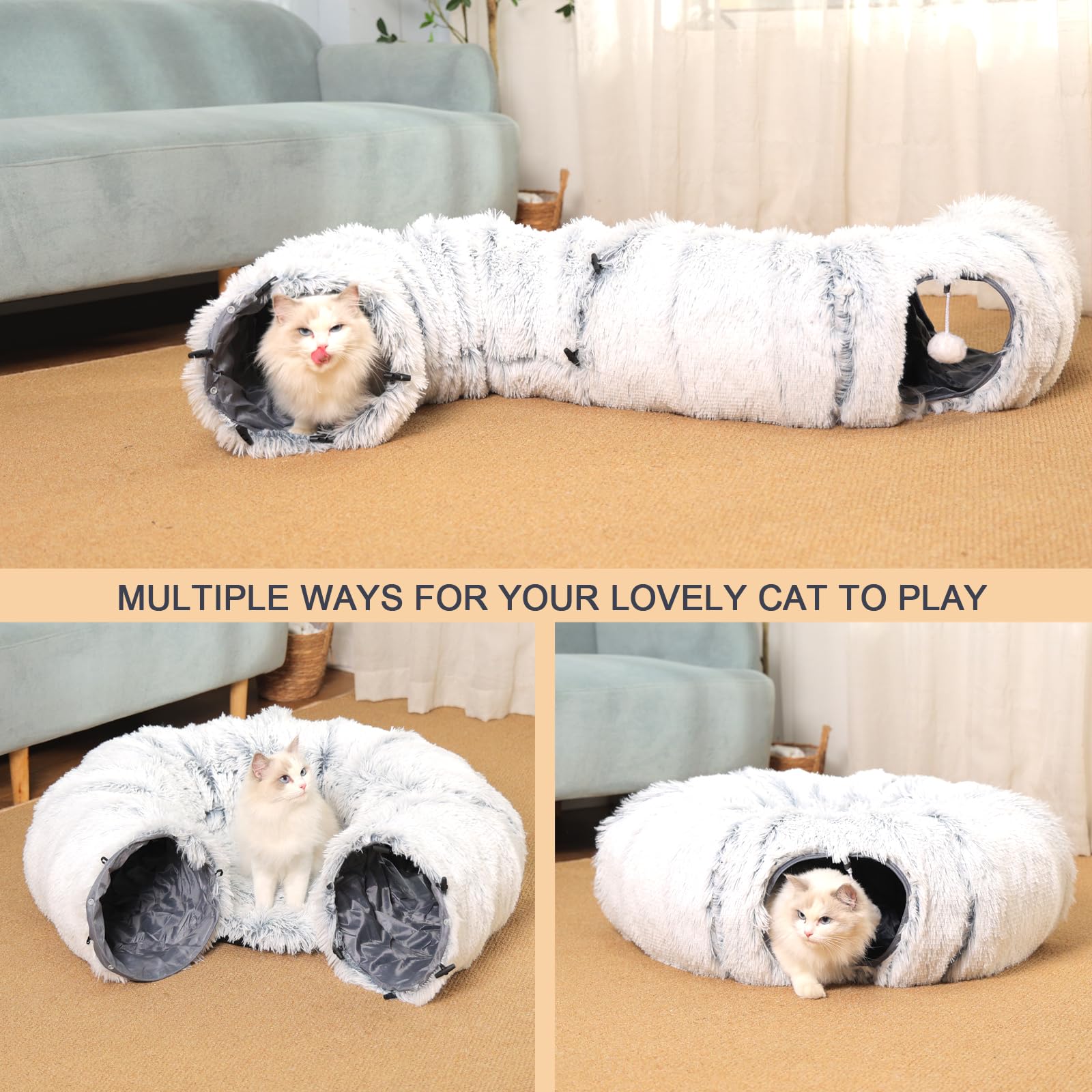 Cat Tunnel Bed for Indoor Cats - Cozy Donut Tunnel Tube Playground with Cat Toys & Balls | Peekaboo Hideaway for Kittens, Rabbits & Ferrets | Includes 6 Extra Snap Fasteners | Perfect for Playtime, Napping & Stress Relief