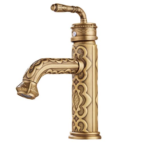 Antique Carved Single Handle Bathroom & Kitchen Faucet - Brushed Gold Finish - Hot & Cold Water Mixer Tap for Vanity, Vessel Sink, Hotel & Home Use - JESEBROD