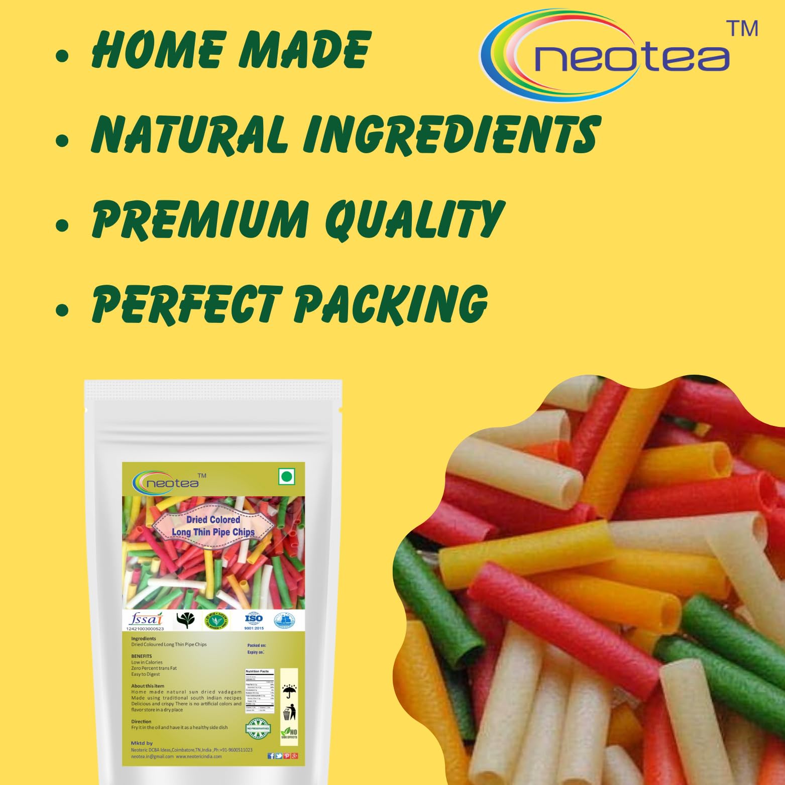 Neotea Homemade Fryum Snacks - Dried Colorful Long Thin Pipe Chips (250g) | Ready to Fry Papad Snacks | Perfect for Parties, Movie Nights & Tea Time Snacking