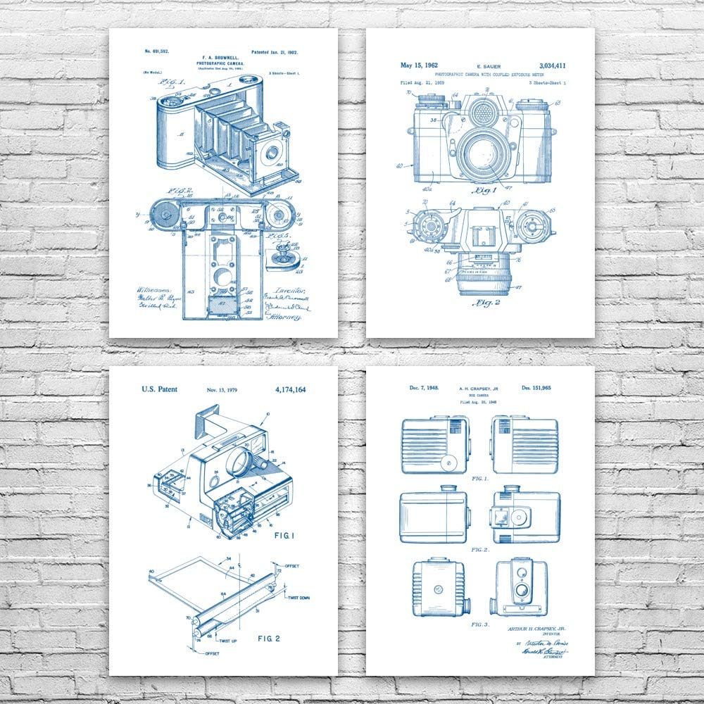 Vintage Camera Patent Posters Set of 4 - 11x14 Inch Blue & White Camera Art Prints - Perfect Wall Decor for Photographers, Photojournalists & Camera Enthusiasts - Great Gift for Photography Lovers & Home Office Decor