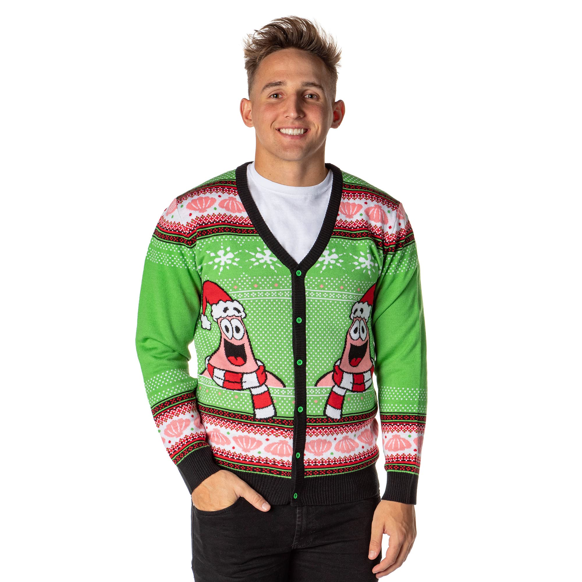 **Spongebob Squarepants Ugly Christmas Sweater for Men - Santa Patrick Star Button-Up Knit Cardigan - Holiday Party & Gift Idea**
