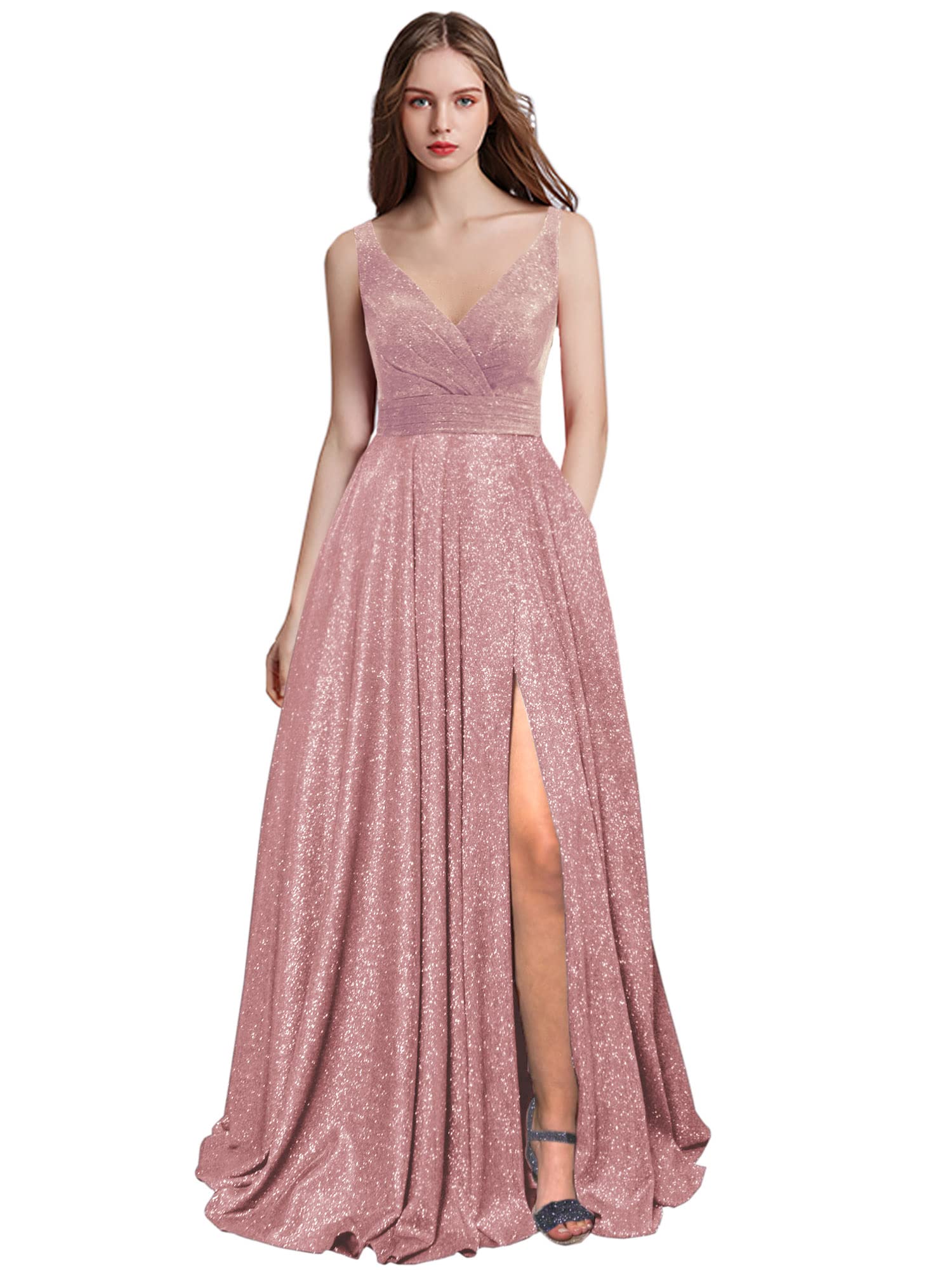 Elegant Long Prom Dresses for Women - A-Line Formal Evening Gown with Pockets, V-Neck & Side Slit | Sparkly Ball Gown for Homecoming, Wedding Guest & Special Occasions