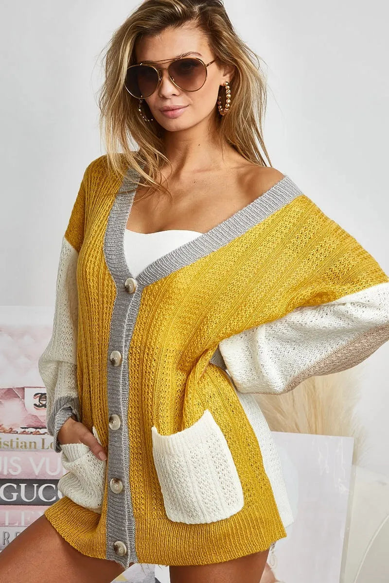 Stylish BiBi Color Block Sweater Cardigan with Button Closure - Cozy Knitwear for Women | Perfect for Fall Outfits, Office Wear & Casual Dates