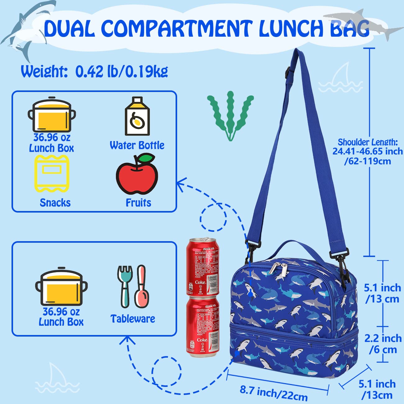 Insulated Lunch Box for Boys - Cute Thermal Lunch Tote Bag with Dual Compartment & Removable Shoulder Strap, Blue Shark Design by VONXURY - Perfect for School, Work & Outdoor Activities