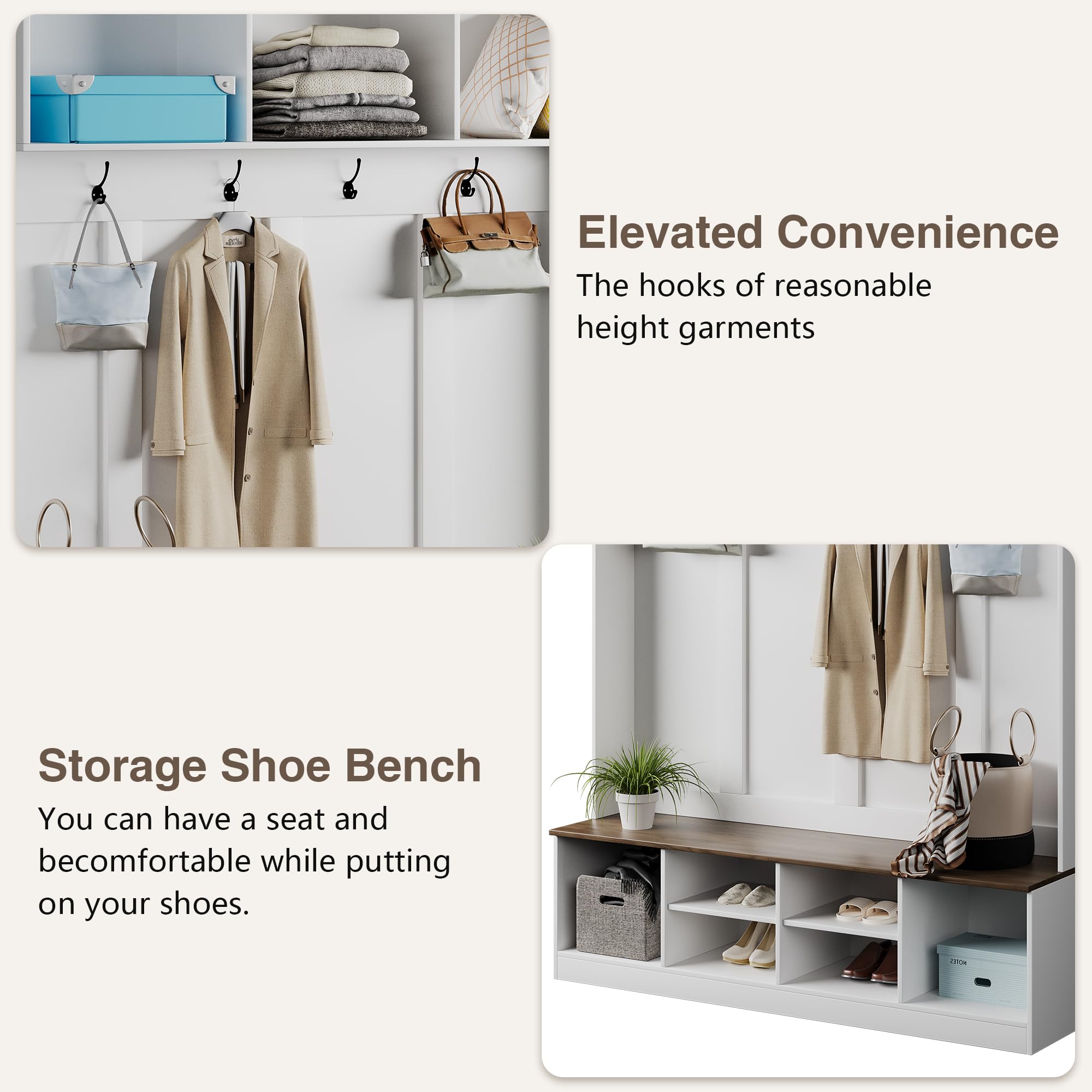 HAOBO Entryway Hall Tree with Bench & Shoe Storage - Adjustable Coat Rack, Open Shelves & Hanging Hooks - Perfect for Mudroom, Hallway & Home Organization - Space-Saving Entry Cabinet for Coats, Shoes & Accessories