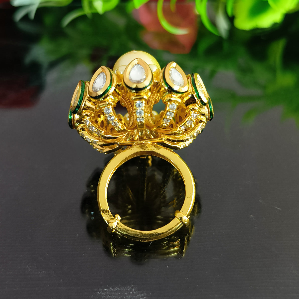 Exquisite Gold Plated Royal Kundan Beaded Ring - Elegant Indian Jewelry for Women | Perfect for Weddings, Parties & Special Occasions