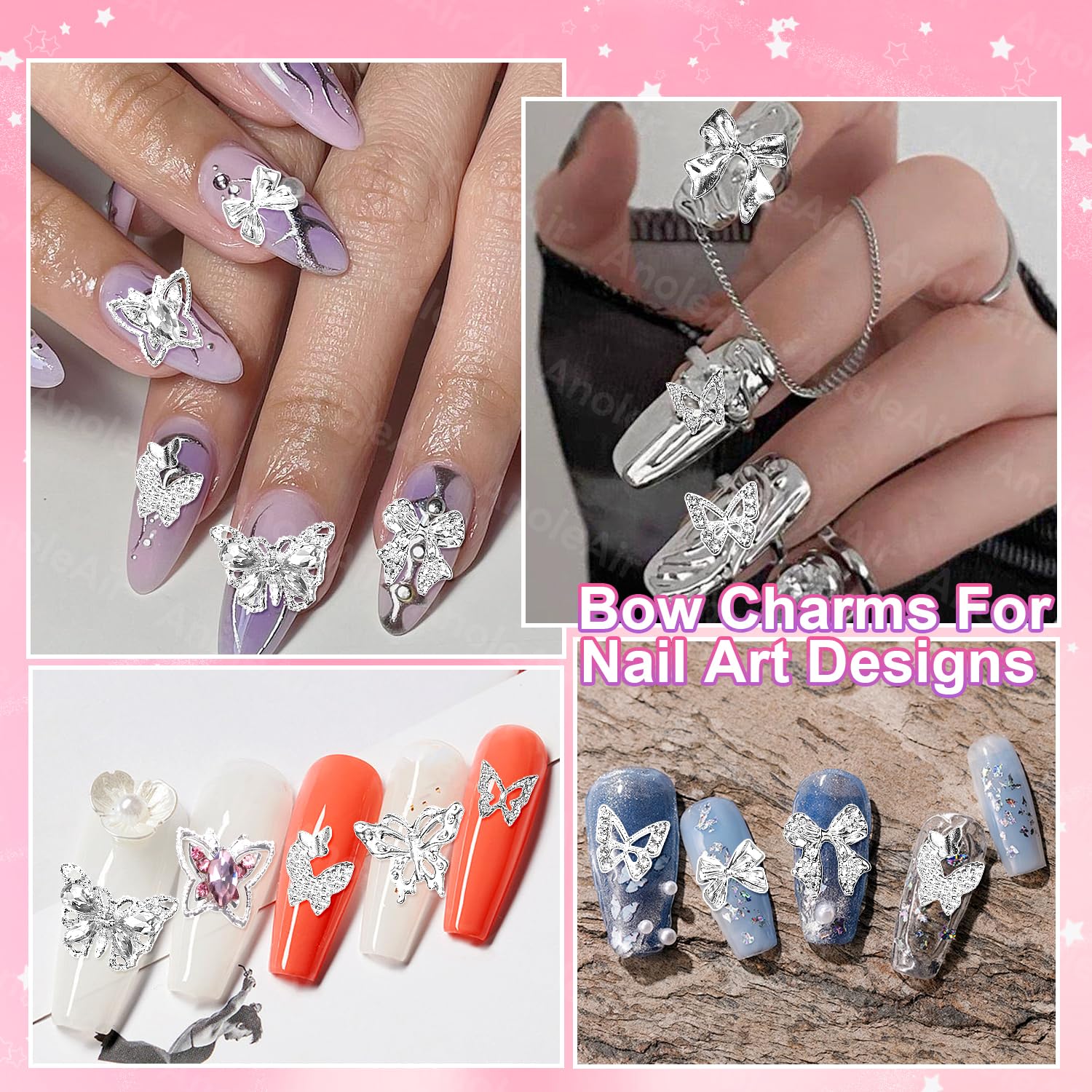 80 Pcs Silver Butterfly Nail Charms & Gems - 3D Pink Butterfly Bowknot Nail Art Decorations, Alloy Silver Nail Bows for Acrylic Nails DIY, Y2K Style Nail Accessories - Perfect for Manicures, Nail Salons & Party Nail Art Designs