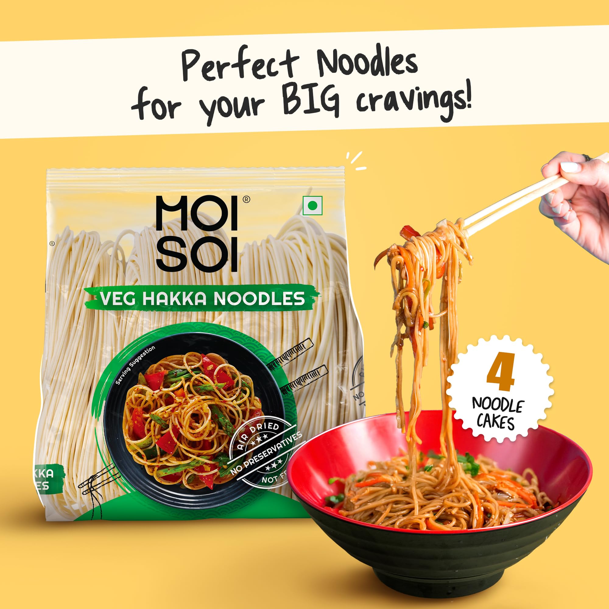MOI SOI® Authentic Chinese Hakka Veg Noodles - 500g Pack | Vegan Asian Stir Fry Noodles | Perfect for Quick Meals, Home Cooking & Restaurant Style Dishes