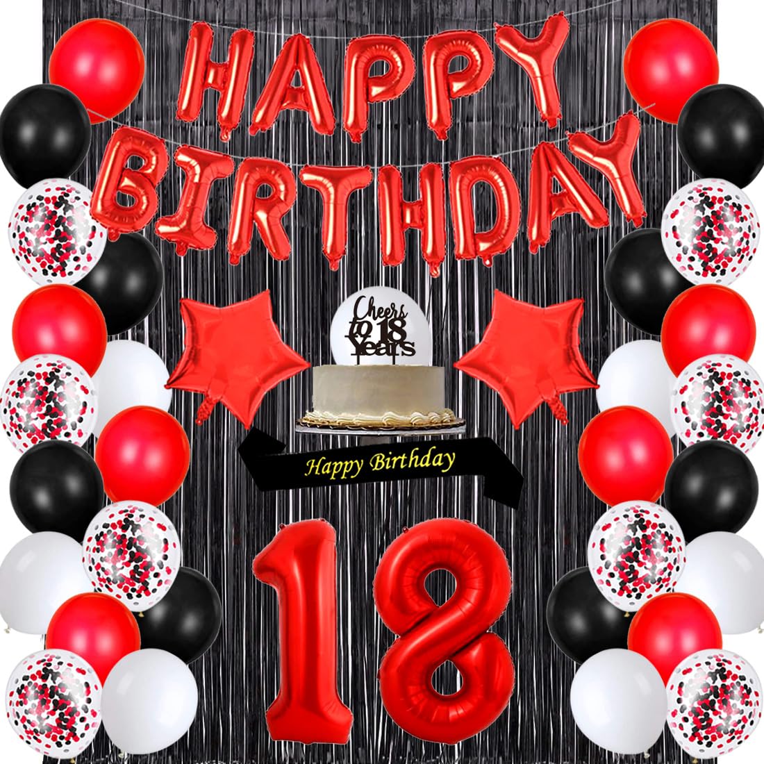 18th Birthday Party Decorations Set - Happy Birthday Banner, Sash, Cake Topper, Number 18, Confetti & Balloons for Girls - Red & Black Theme Decor for Women's 18th Birthday Celebration | Perfect for Sweet 16, Quinceañera, Graduation & Milestone Parties