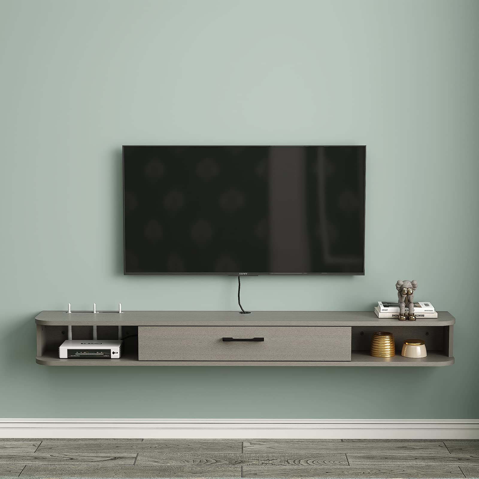 PMNIANHUA Floating TV Stand for 55-60 Inch TVs - Wall Mounted TV Shelf with Storage for Gaming Consoles, Small Spaces, Apartments & Bedrooms - Light Grey Oak - Perfect for Modern Living Rooms & Home Theaters