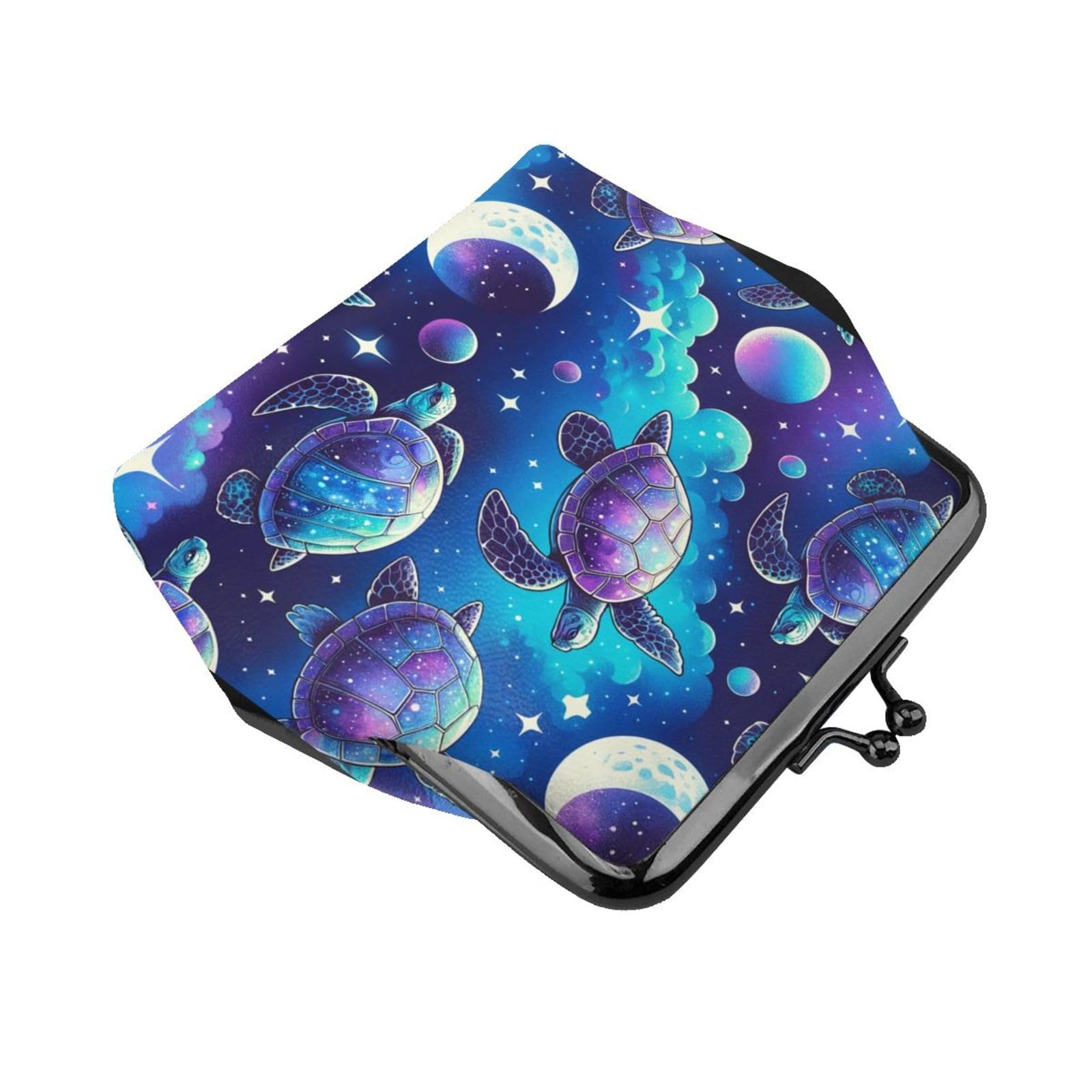 Stylish PU Leather Buckle Coin Purse - Turtle Moonlit Walk Galaxy Design - Girls' Kiss-Lock Change Wallet for Everyday Use, Gift Giving & Travel Accessories