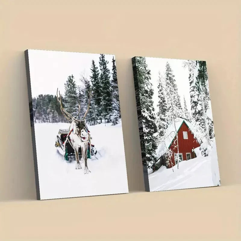 2Pcs Winter Wonderland Snowy Trees Deer Framed Wall Art Canvas Print 50x75cm - High Quality Australian Made Ready to Hang - Perfect for Living Room, Bedroom & Holiday Home Decor