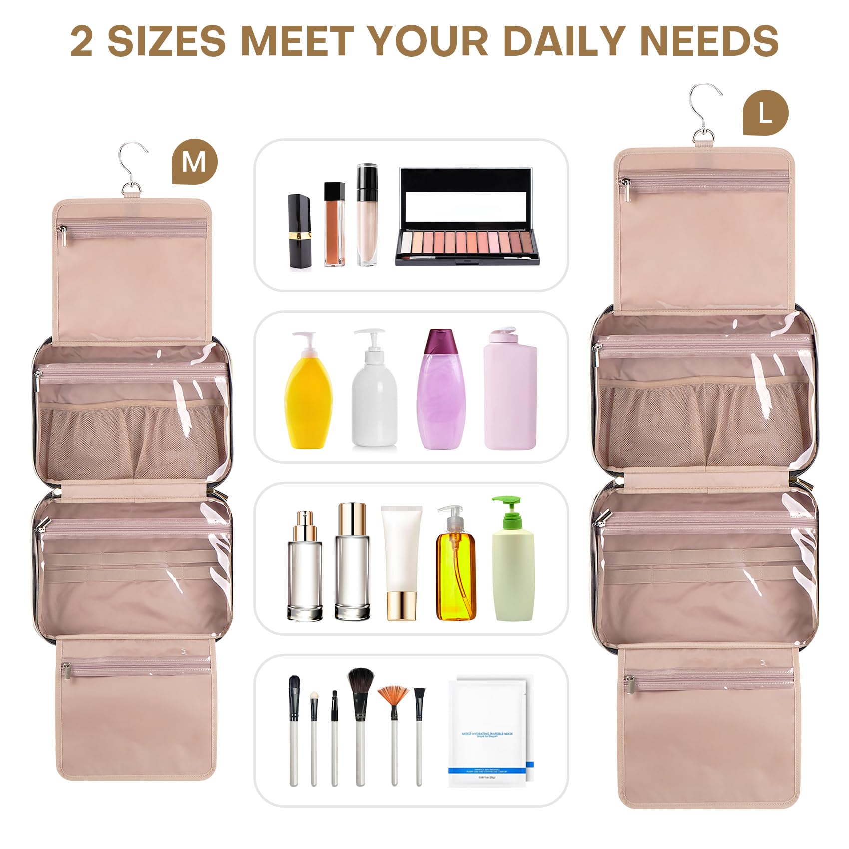 Hanging Travel Toiletry Bag for Full-Size Toiletries & Cosmetics - Medium Beige Organizer with Hook for Brushes, Makeup & Essentials | Perfect for Air Travel, Camping & Gym