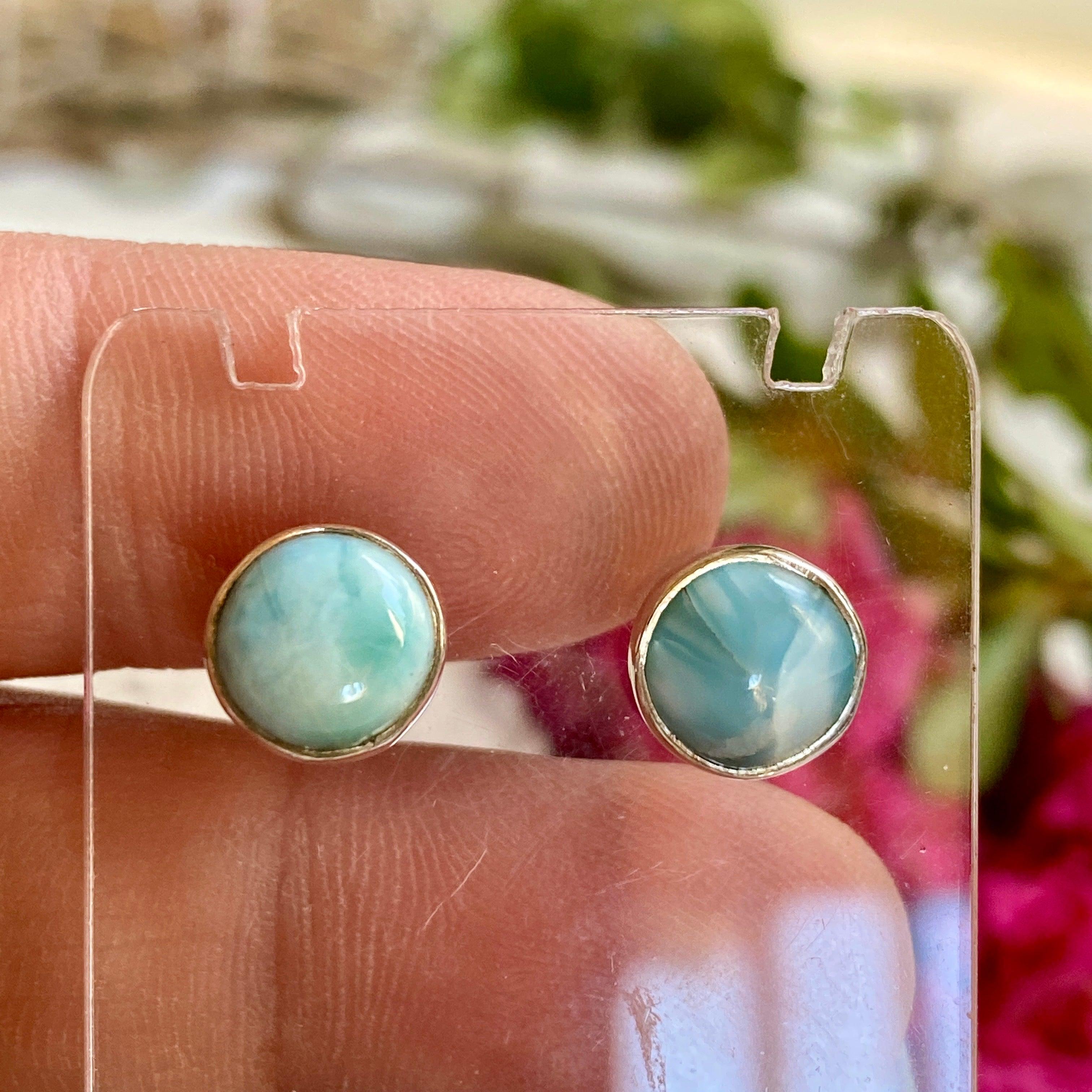 Larimar Round Stud Earrings KEGJ1003 - Handmade Caribbean Blue Gemstone Jewelry for Women, Perfect for Beach Vacations & Boho Fashion