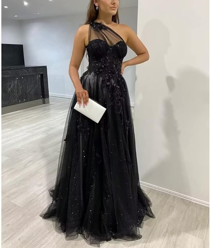 2025 Black One Shoulder Long Prom Dresses for Women - Elegant Formal Evening Gown with High Slit - Perfect for Homecoming, Ball, Wedding & Special Occasions