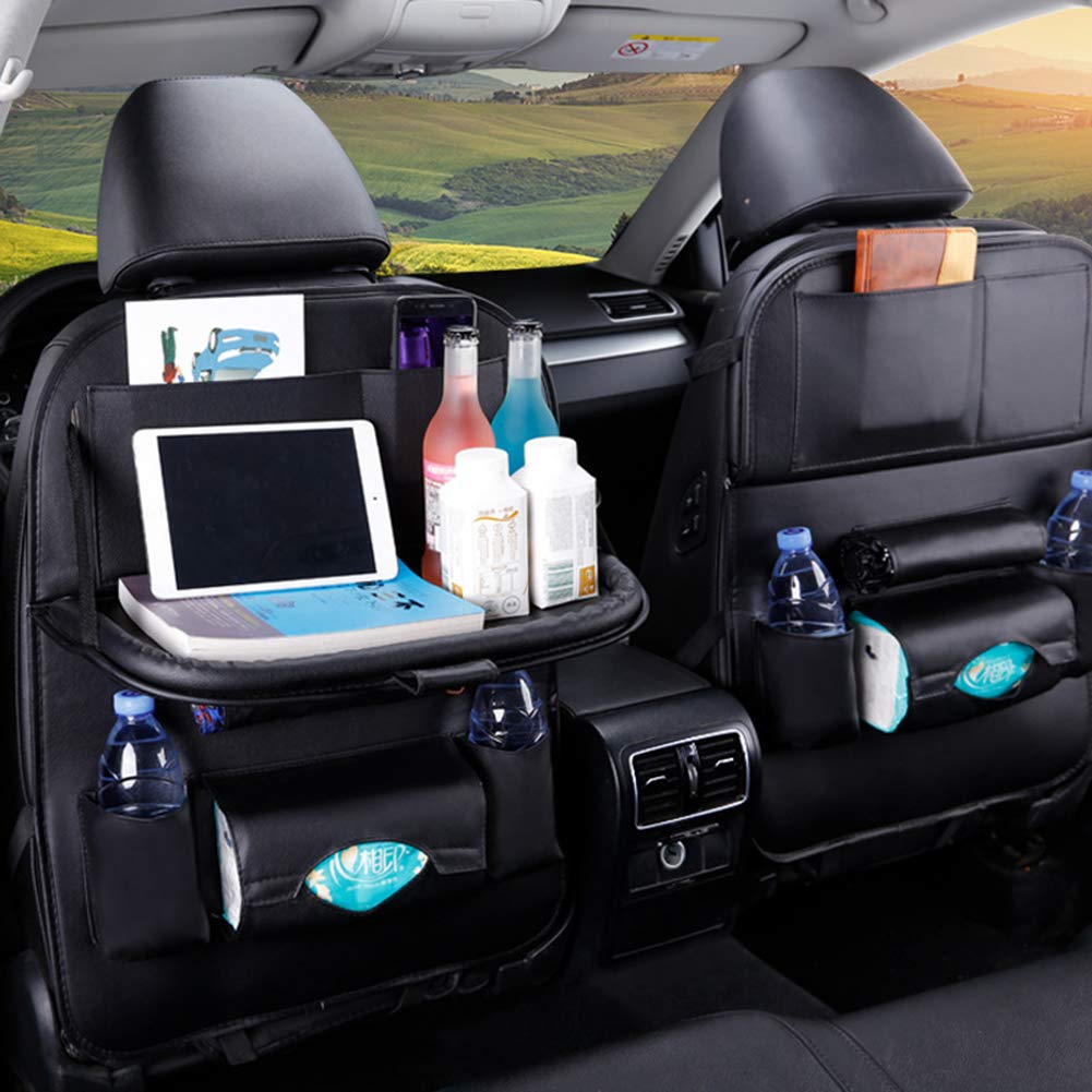 **2 Pack Black Car Backseat Organizer with Table Holder & Storage Pockets – Seat Back Protectors & Kick Mats for Kids & Toddlers – Perfect for Travel Accessories & Road Trips**
