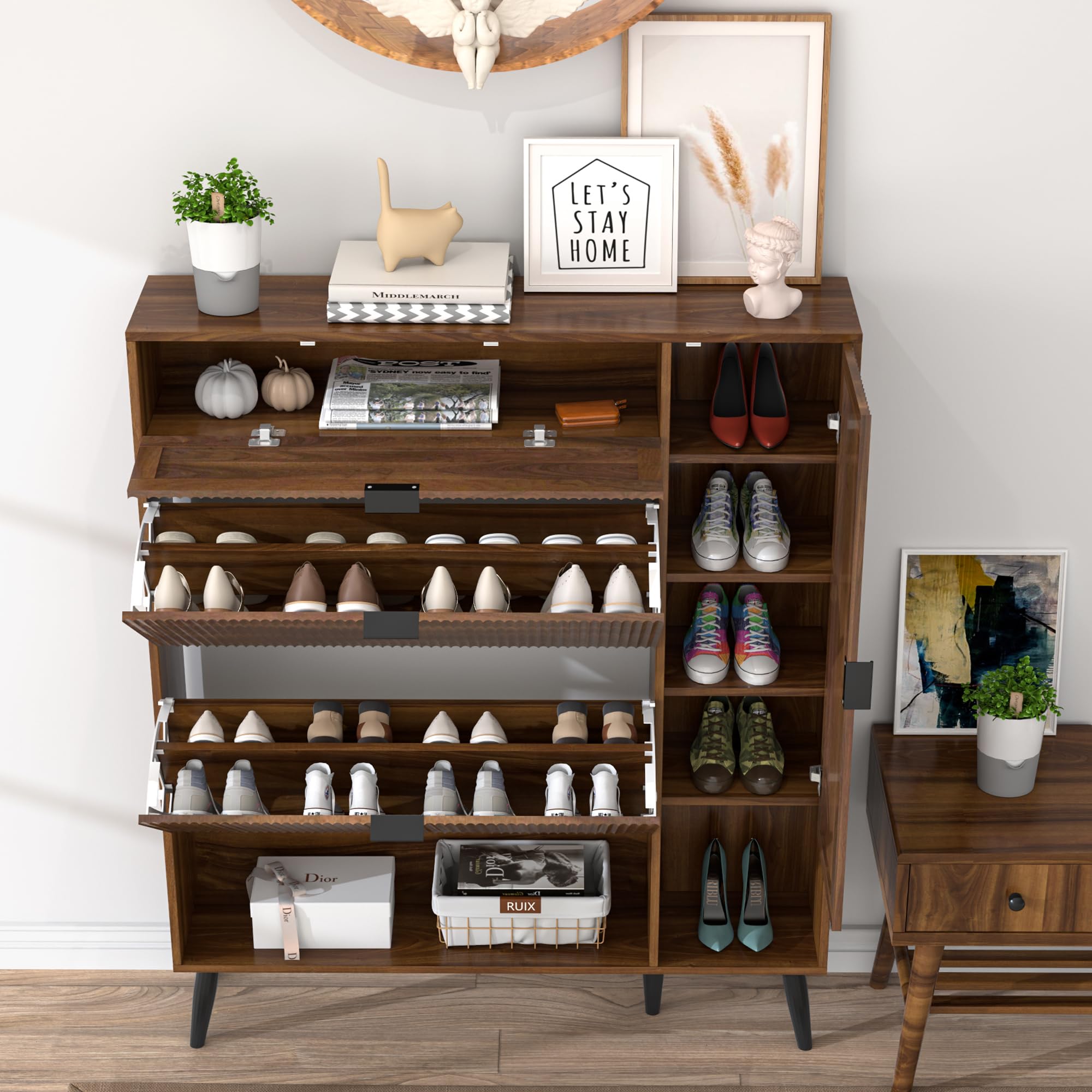 Shoe Storage Cabinet with 2 Flip Drawers - Narrow Freestanding Organizer with Doors & Adjustable Shelf - Slim Hidden Entryway Cabinet in Walnut - Perfect for Small Spaces, Closets & Mudrooms