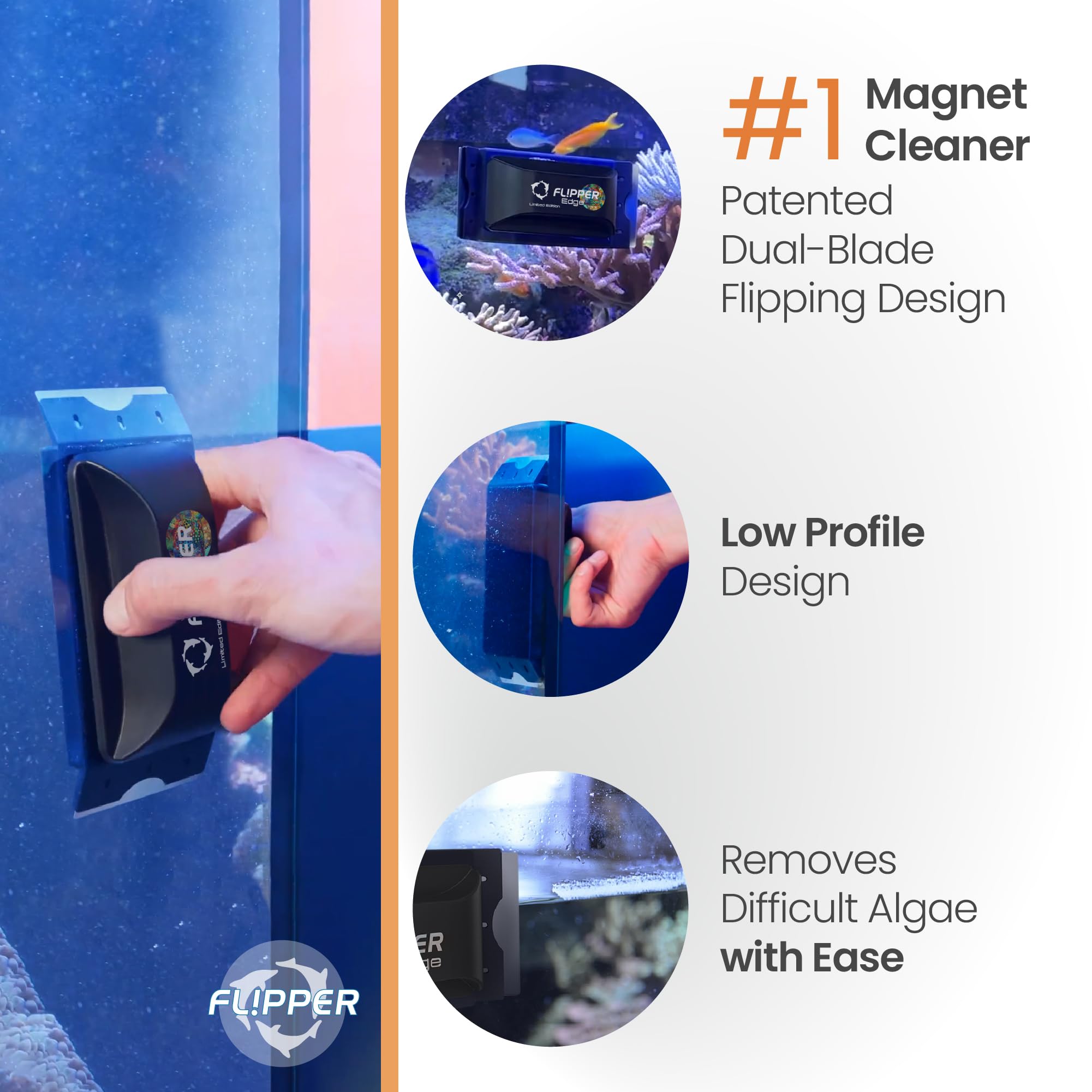 Flipper Edge Puffer Limited Edition Magnetic Aquarium Cleaner - 2-in-1 Dual Blade Scrubber & Scraper for Fish Tank Cleaning | Efficient Glass & Acrylic Surface Maintenance Tool | Perfect for Freshwater & Saltwater Aquariums, Home or Office Decor