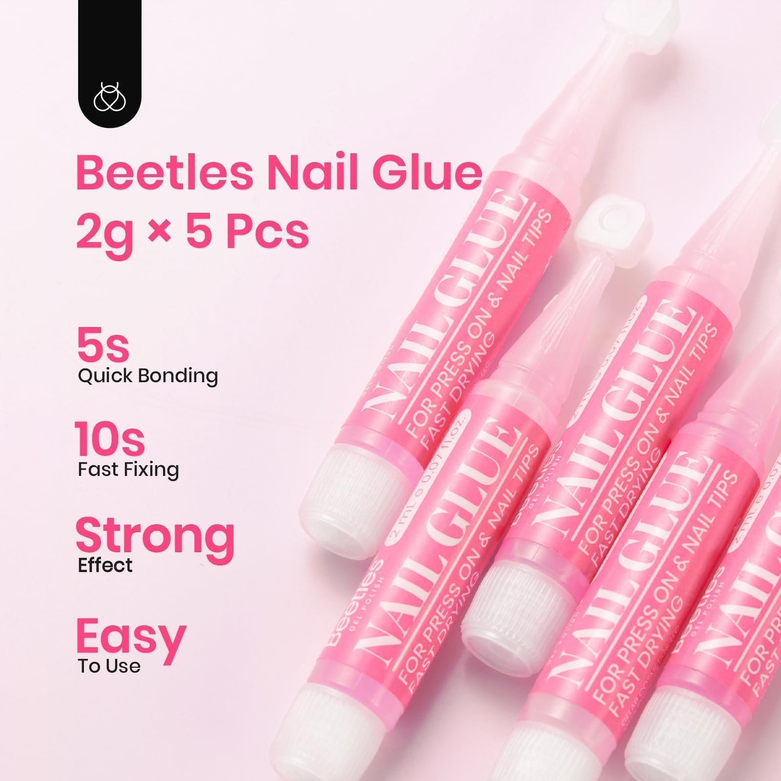 Beetles Super Strong Nail Glue for Acrylic & Press On Nails - Professional Long Lasting Adhesive for Fake Nails, Nail Tips & Stick On Nails - 0.07oz (5 Pack) - Perfect for Salon, Home Manicures & Nail Extensions