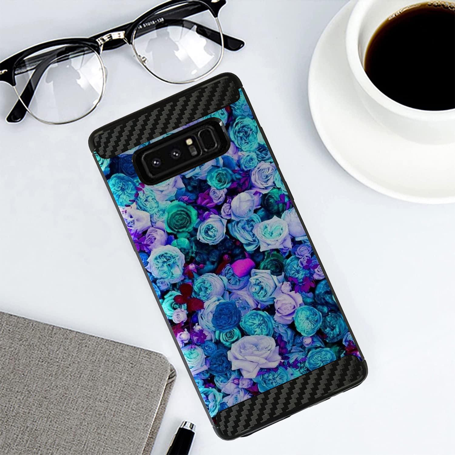 Slim Rubberized Samsung Galaxy Note 8 Case with Carbon Flex Design - Blue Roses Pattern | Durable Protective Cover for Everyday Use, Work & Travel