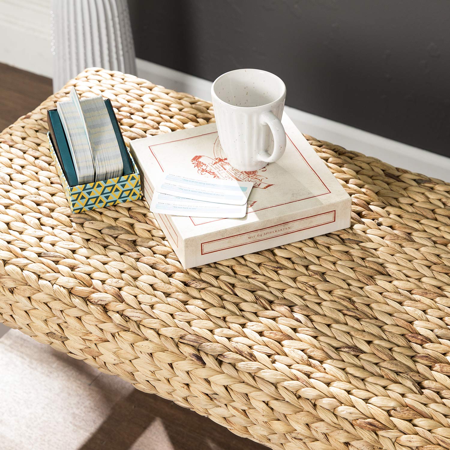SEI Furniture Woven Coffee Table Bench - White Rattan Ottoman with Storage | Modern Living Room Accent Piece for Small Spaces, Bedroom or Entryway