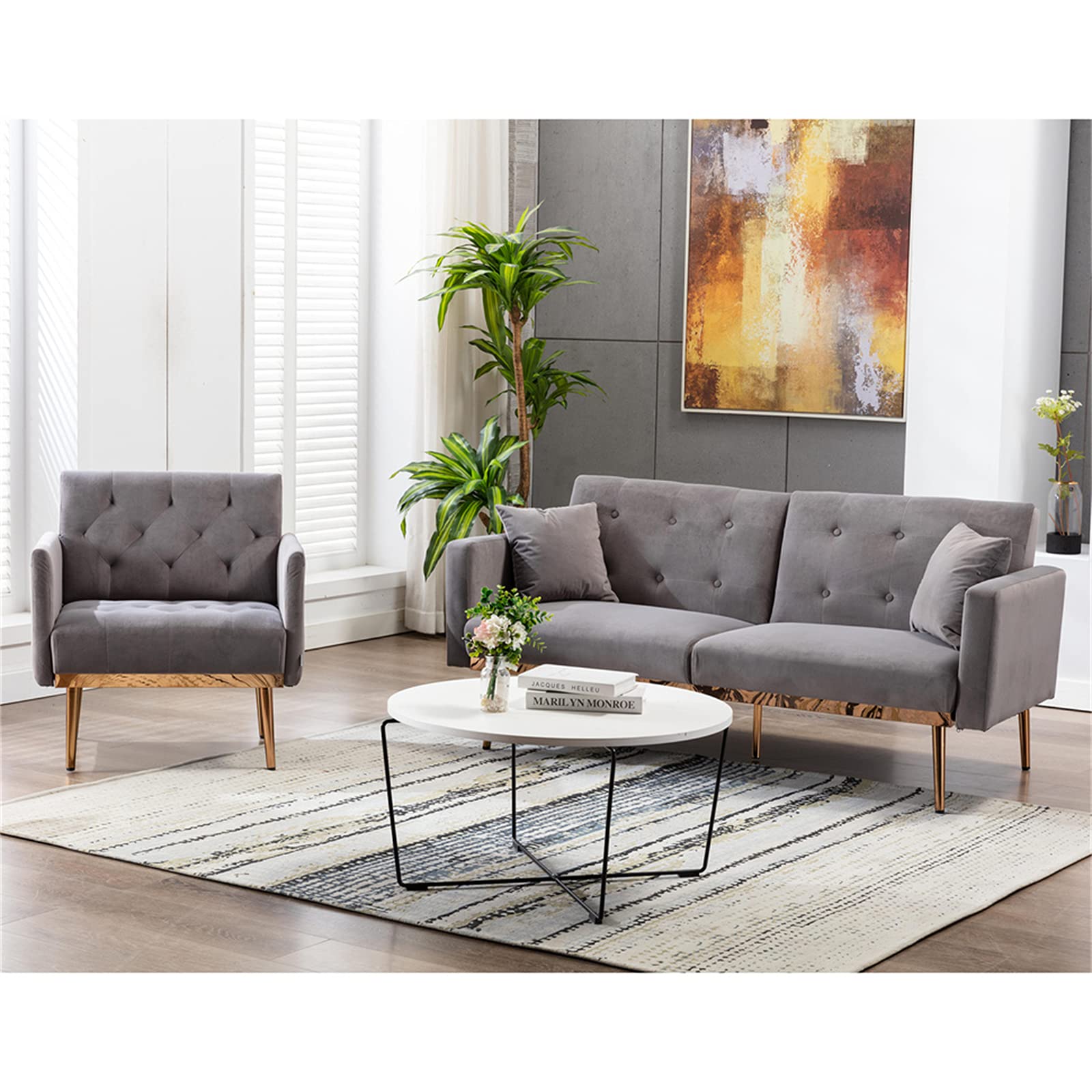 SZLIZCCC Square Velvet Accent Chair with Golden Metal Legs - Modern Single Sofa for Living Room, Bedroom, Coffee Shop & Reception Areas (Grey) - Perfect for Home Decor, Lounge Seating & Office Waiting Rooms