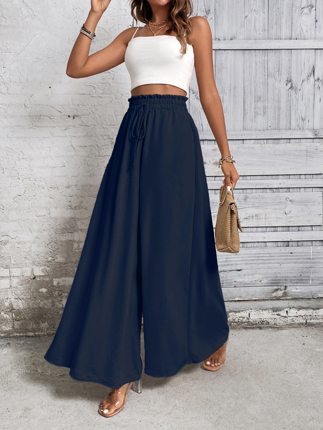 Resort Style High Waist Wide Leg Pants - Women's Comfortable Summer Beach Palazzo Trousers for Vacation, Travel, and Casual Outfits