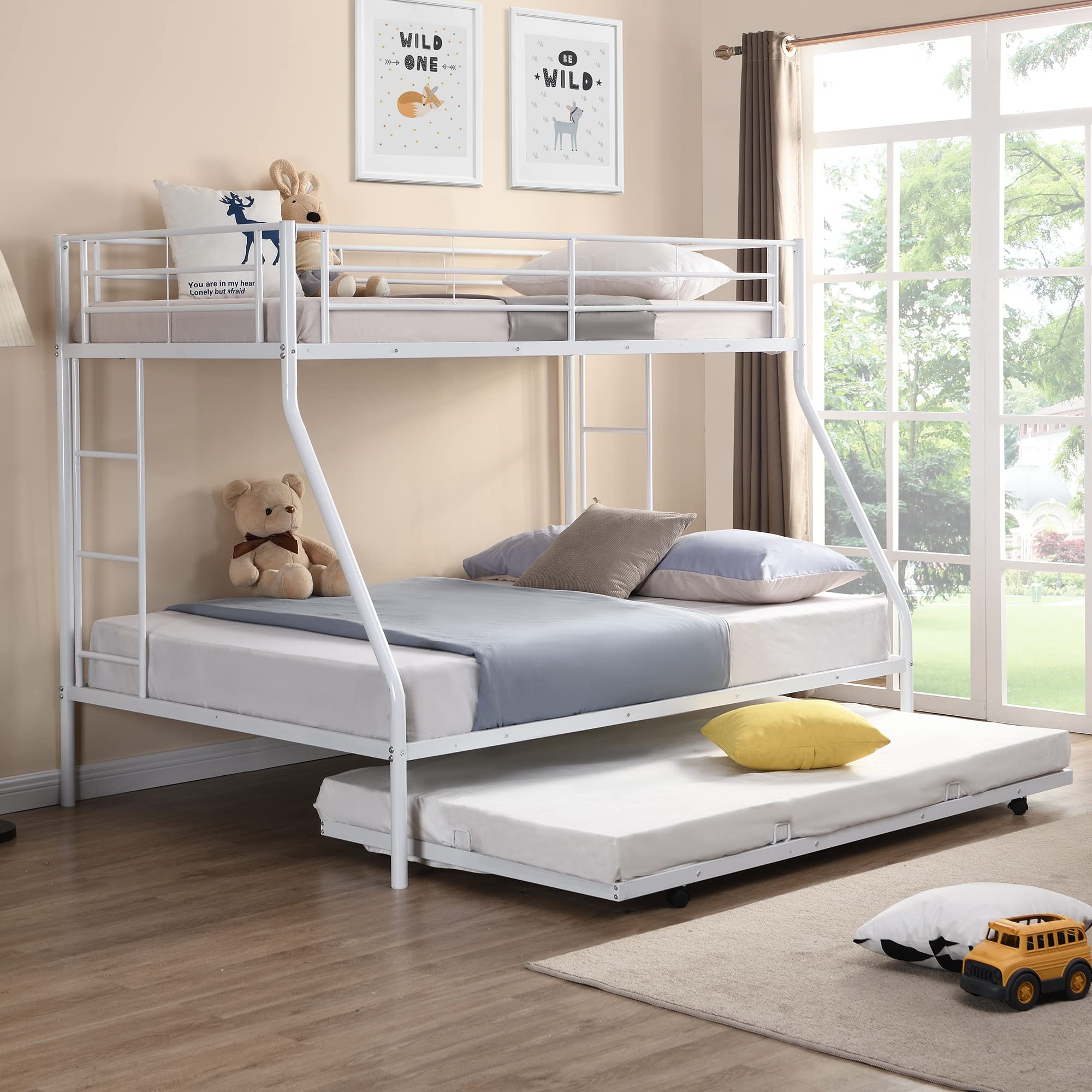 Metal Bunk Bed with Trundle for 3 - Twin Over Full Bunk Bed with 2 Side Ladders & Safety Guard Rail - Space Saving Metal Bed Frame (White) - Perfect for Kids' Rooms, Dormitories & Small Spaces