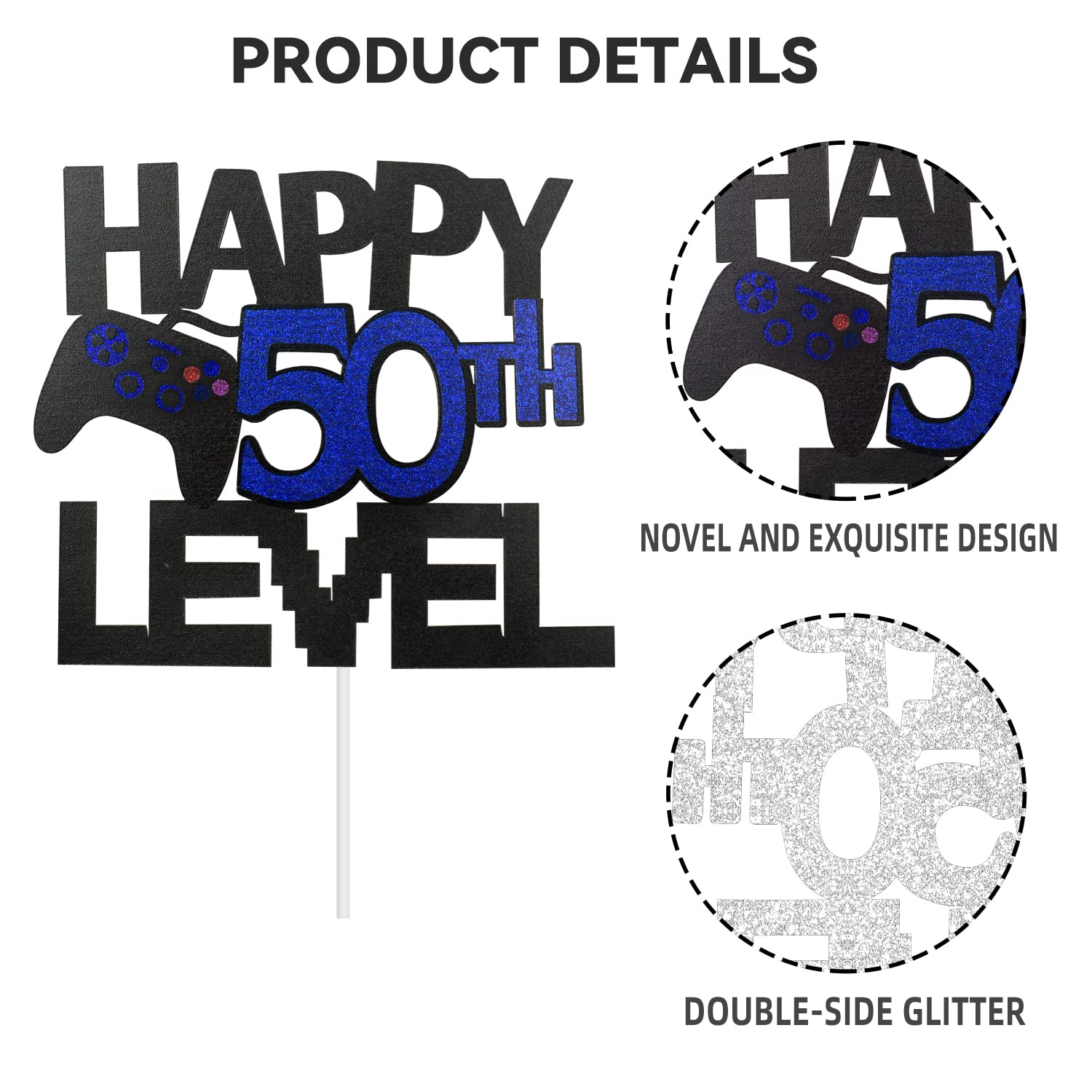 Happy 50th Birthday Video Game Cake Topper - Glitter Gamer Level 50 Unlocked Party Decoration - Perfect for Gaming Themed Birthday Cakes & Anniversary Celebrations