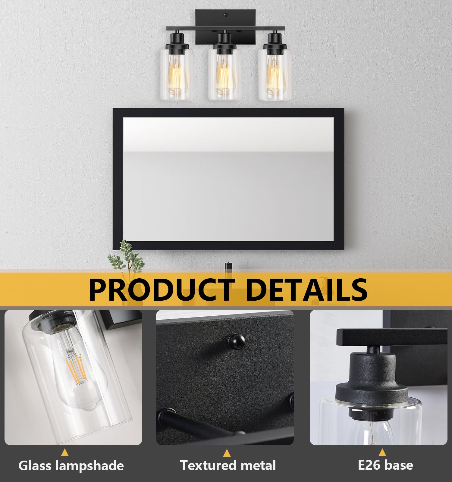 Modern Black 3-Light Bathroom Vanity Light Fixture with Clear Glass Shade - Metal Frame Wall Lamp for Bedroom, Washroom, Living Room & Hallway - E26 Base - Perfect for Bathroom Makeover & Home Decor Lighting