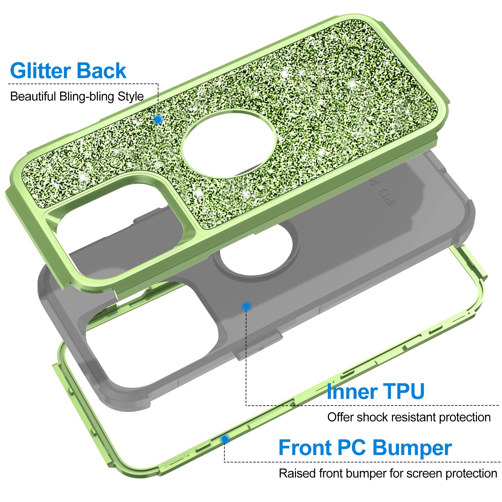 Hython Glitter iPhone 13 Pro Max Case - Cute Shiny Bling Sparkle Cover, 3-in-1 Hybrid Hard PC & Soft TPU Bumper with Full Body Shockproof Protection for Women & Girls (Green) - Perfect for Everyday Use, Parties, and Gift Giving