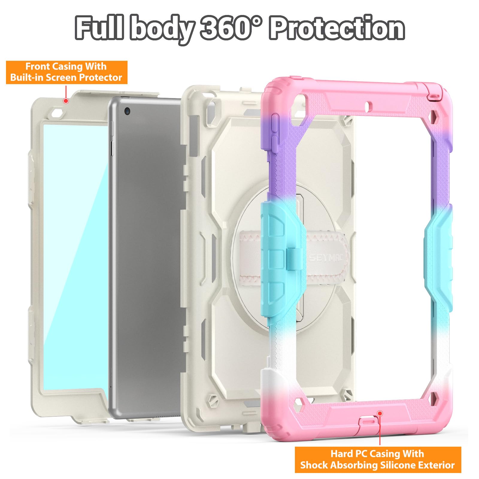 SEYMAC Shockproof Kids Case for iPad 9th/8th/7th Gen 10.2 Inch - Heavy Duty Protective Cover with Screen Protector, Rotating Stand, Handle & Shoulder Strap - Perfect for School, Travel & Learning (Pink)
