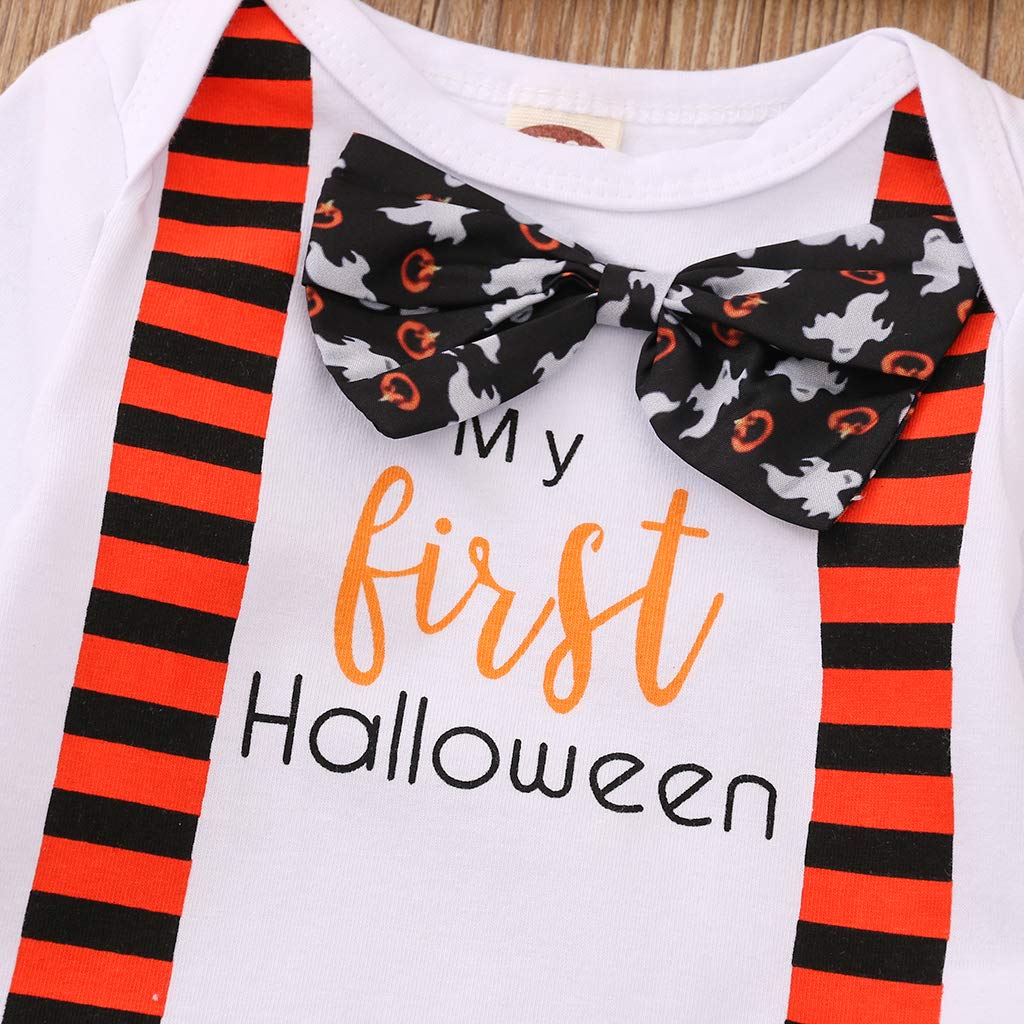 Baby Boy Halloween Outfit 3Pcs Set - Ghost Print Romper & Hat for First Halloween