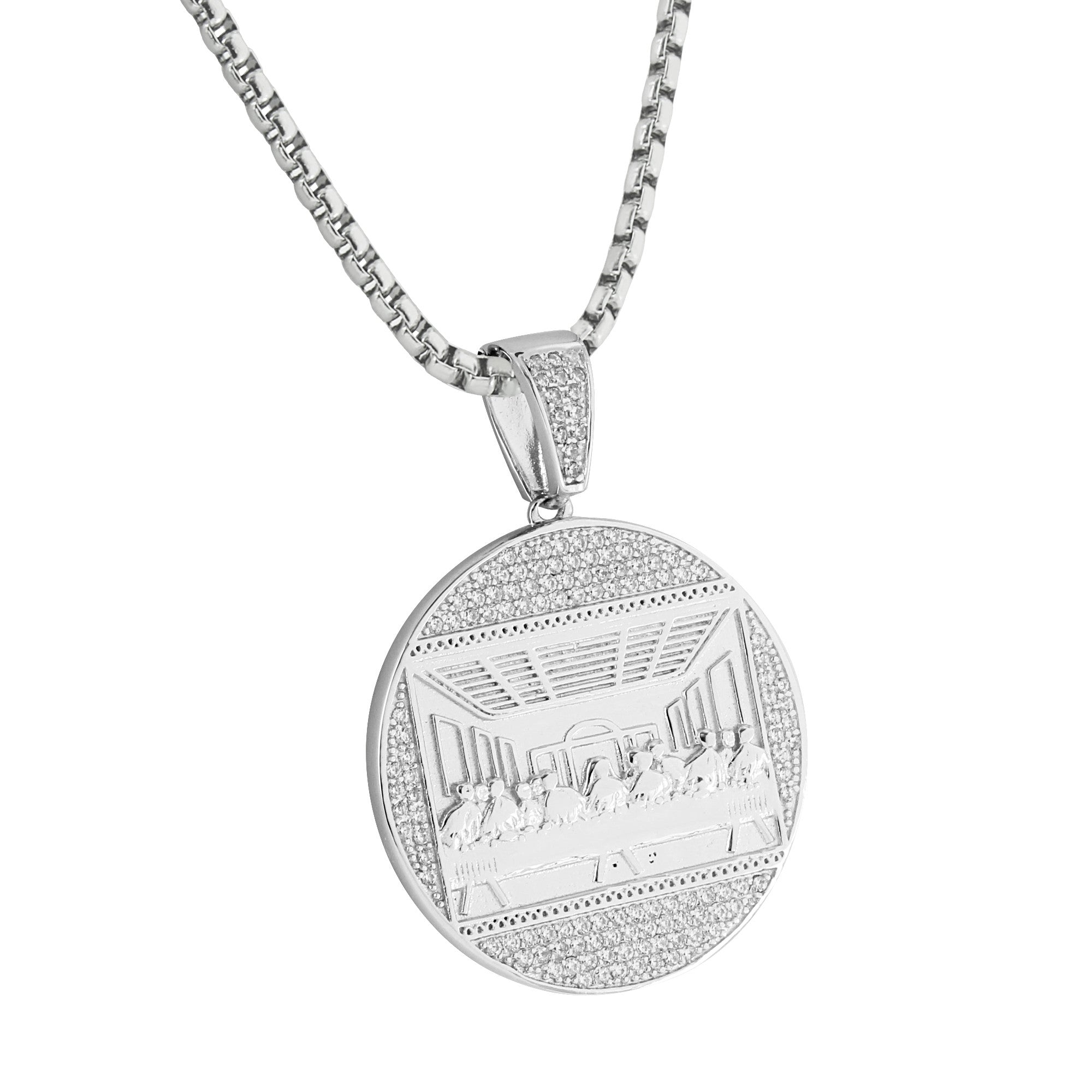 White Gold Finish Last Supper Pendant with Simulated Diamonds - Stainless Steel Religious Jewelry for Men & Women - Perfect for Gifts, Church Events, and Daily Faith Wear