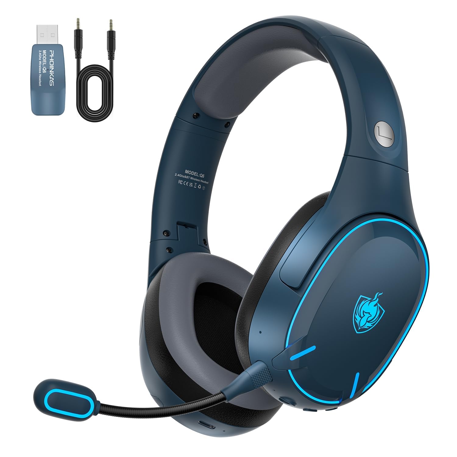 PHOINIKAS Wireless Bluetooth Gaming Headset with Dual Chip - Bluetooth 5.3 for Phone/Computer & 2.4GHz Dongle for PC/PS4/PS5/Nintendo Switch/TV - Noise Cancelling Mic, 30H Playtime, LED Lights - Perfect for Gaming, Work Calls & Entertainment