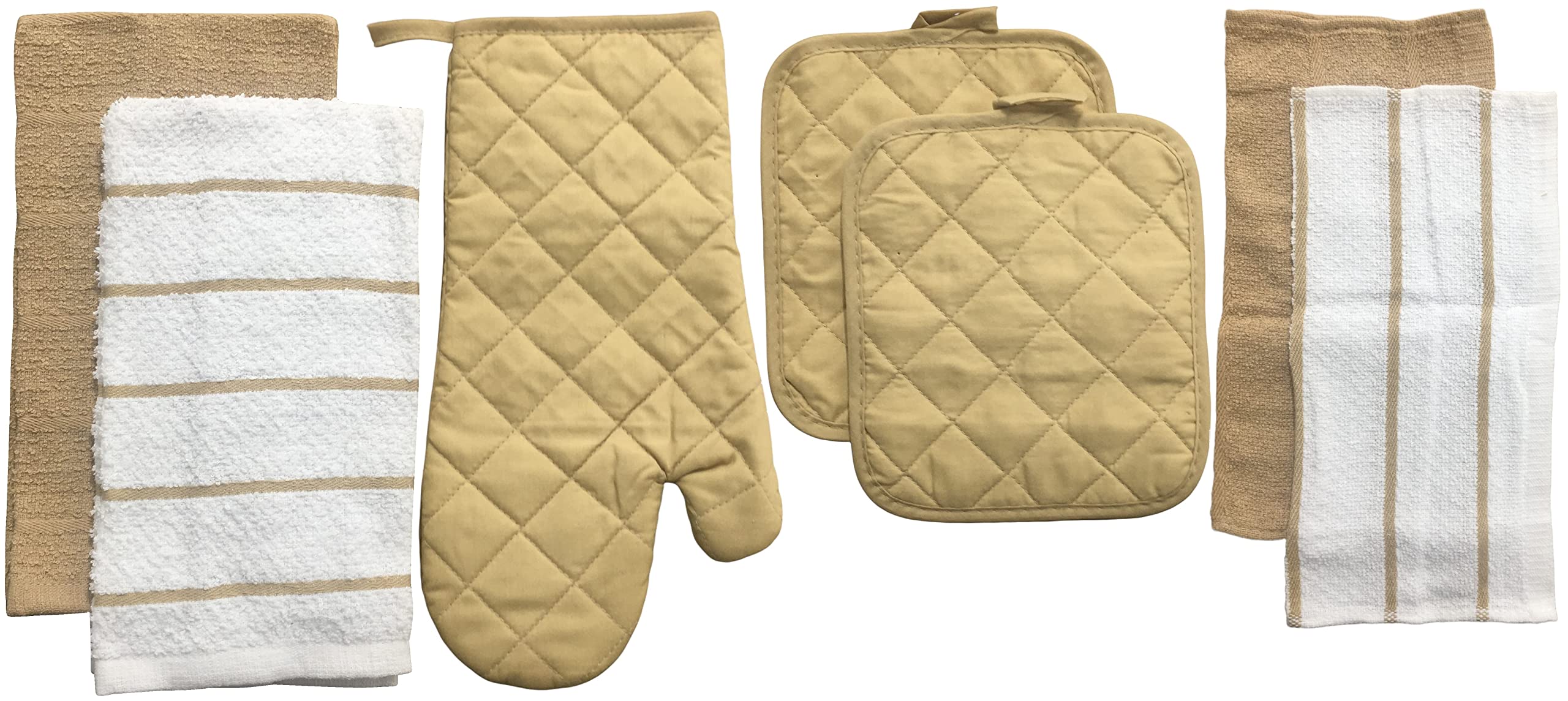 7-Piece Premium Cotton Kitchen Set - 2 Towels, 1 Oven Mitt, 2 Pot Holders, 2 Dishcloths (Tan) - Perfect for Cooking, Baking, and Everyday Kitchen Use