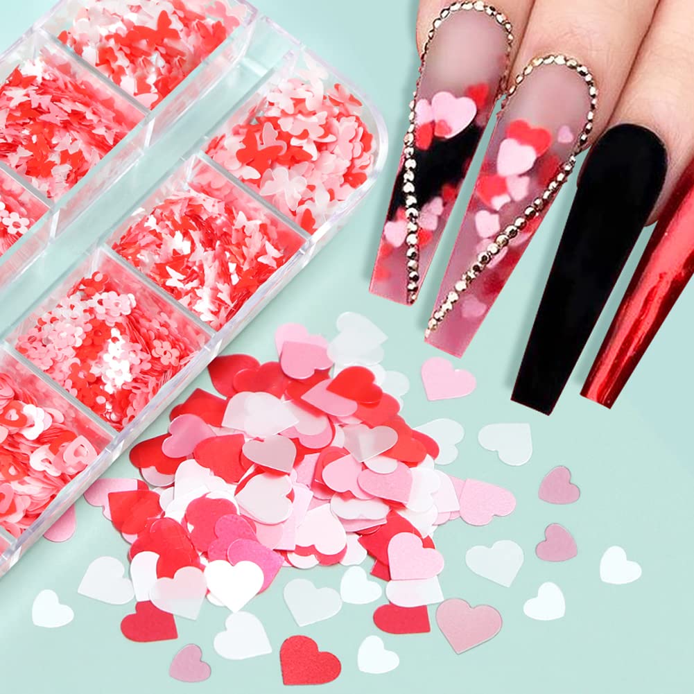 12 Grids Heart Nail Sequins - 3D Holographic Laser Nail Art Supplies with Love Hearts, Butterflies & White Flowers - Perfect for Valentine's Day Nail Designs, DIY Manicures & Party Decorations
